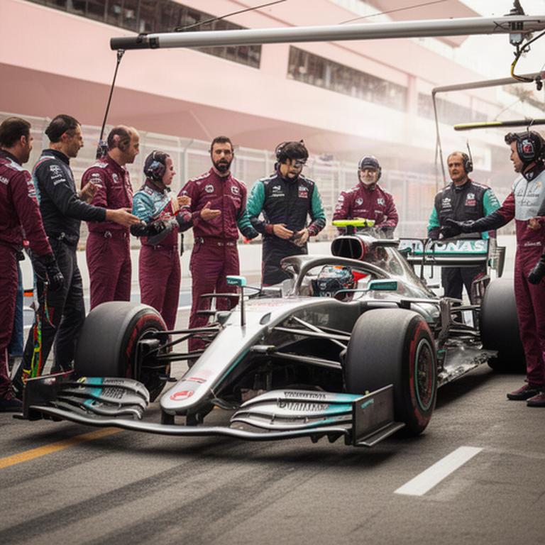 Formule 1-team in overleg naast een racewagen tijdens een pitstop