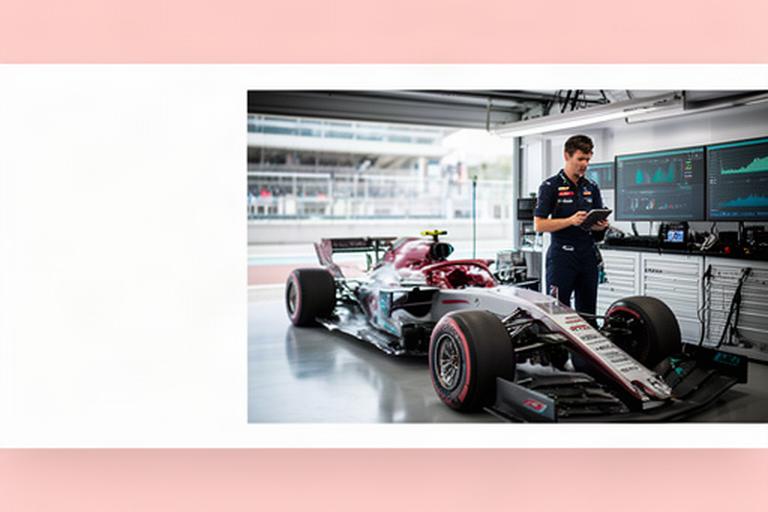 Race engineer analyseert telemetrie naast een Formule 1-auto in een pitbox