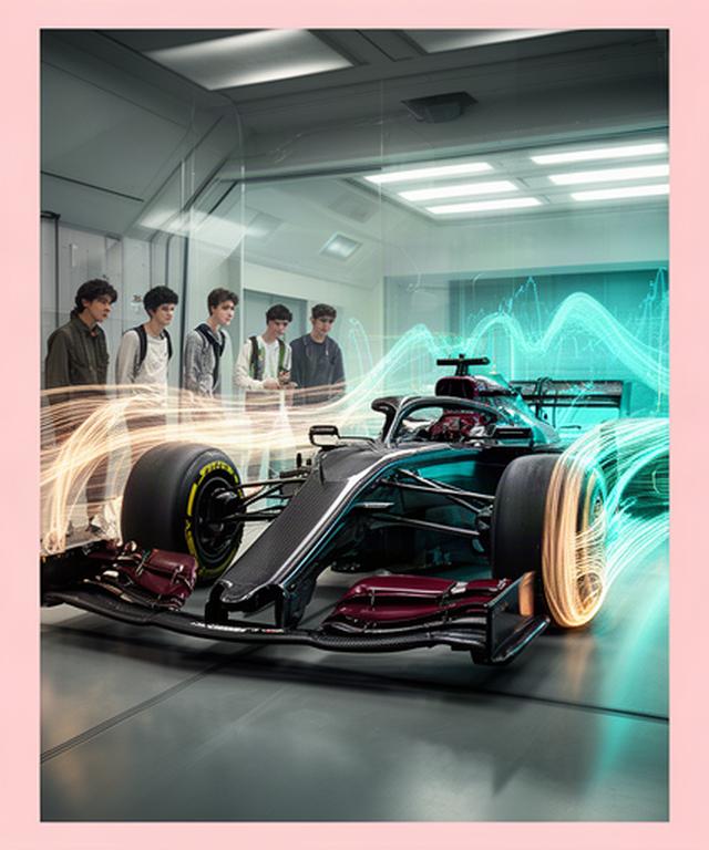 Formule 1-auto in een windtunnel met aerodynamische datalijnen en studenten op de achtergrond