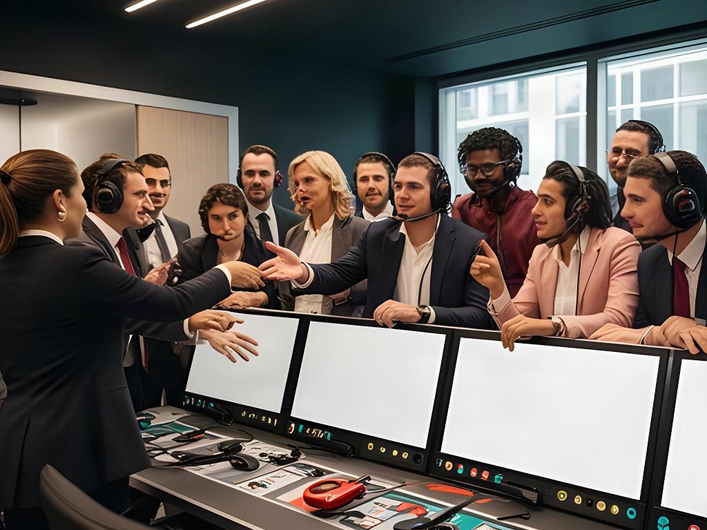 Zakelijk team werkt samen aan een pitwall-oefening tijdens een Formule 1-clinic