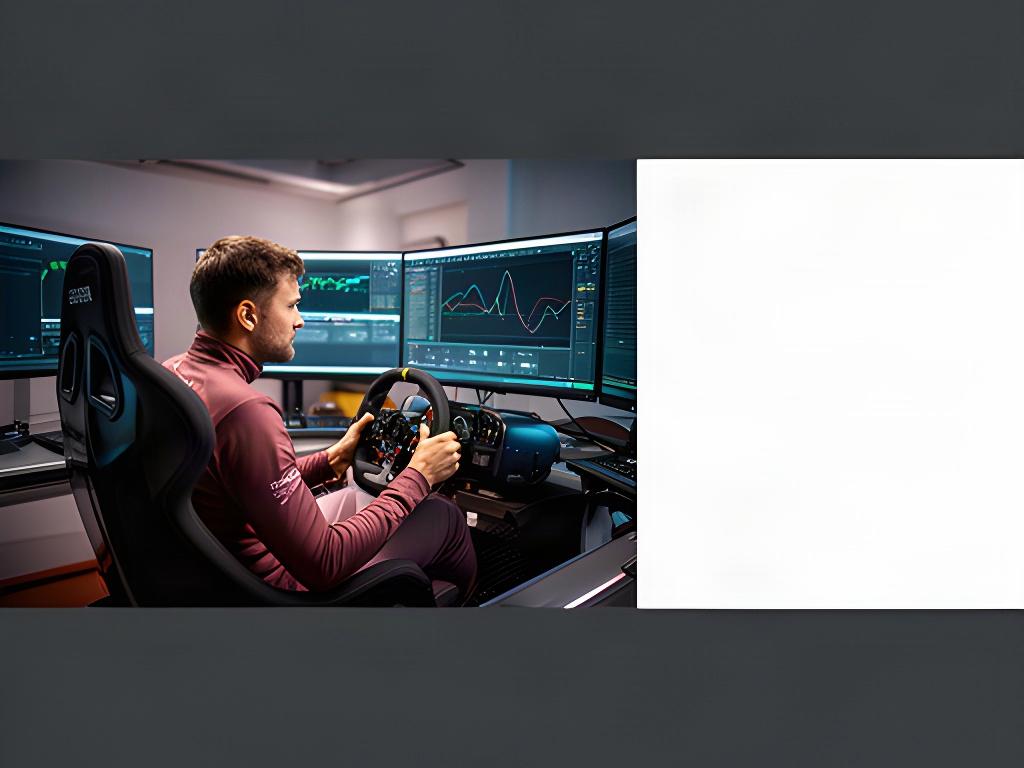 Race-engineer analyseert telemetrie naast een Formule 1-simulator in een werkruimte