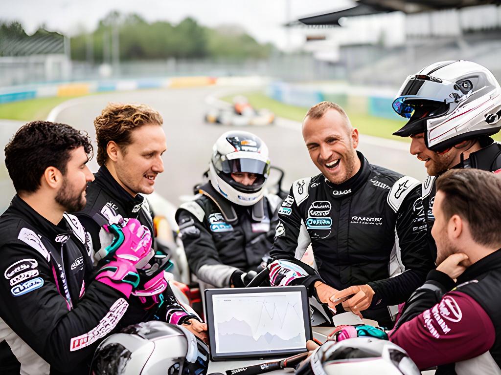 Kartteam bespreekt racegegevens bij een kartbaan in Overijssel