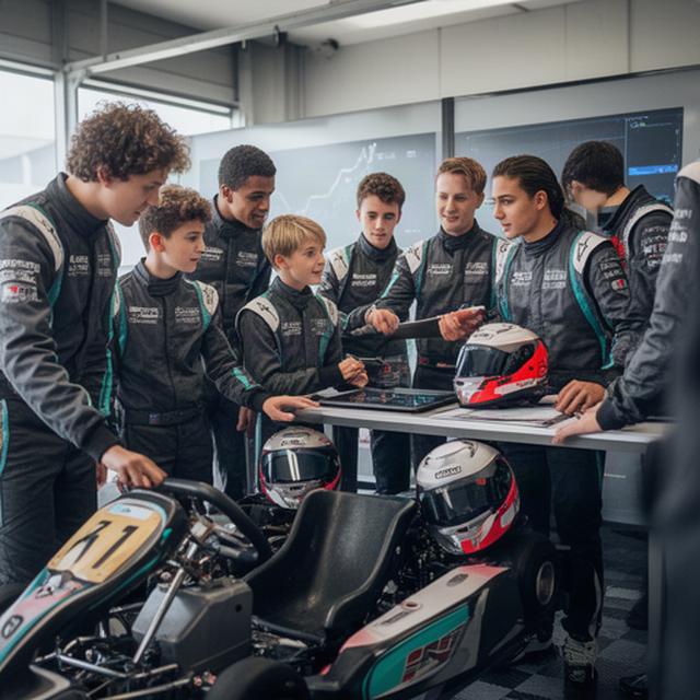 Jong kartteam bespreekt telemetriegegevens naast een kart in een pitbox bij Deventer