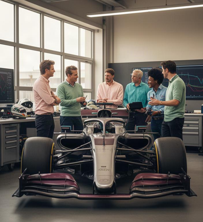 Formule 1-expertteam bespreekt data rond een raceauto in een werkplaats in Deventer